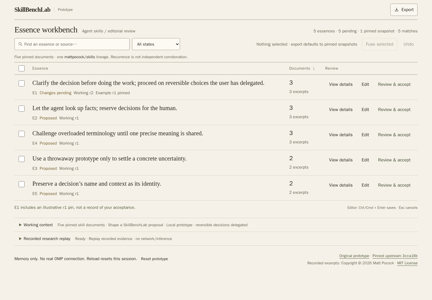 Real desktop prototype: five essence rows, document recurrence, draft and pinned states, and explicit review actions.