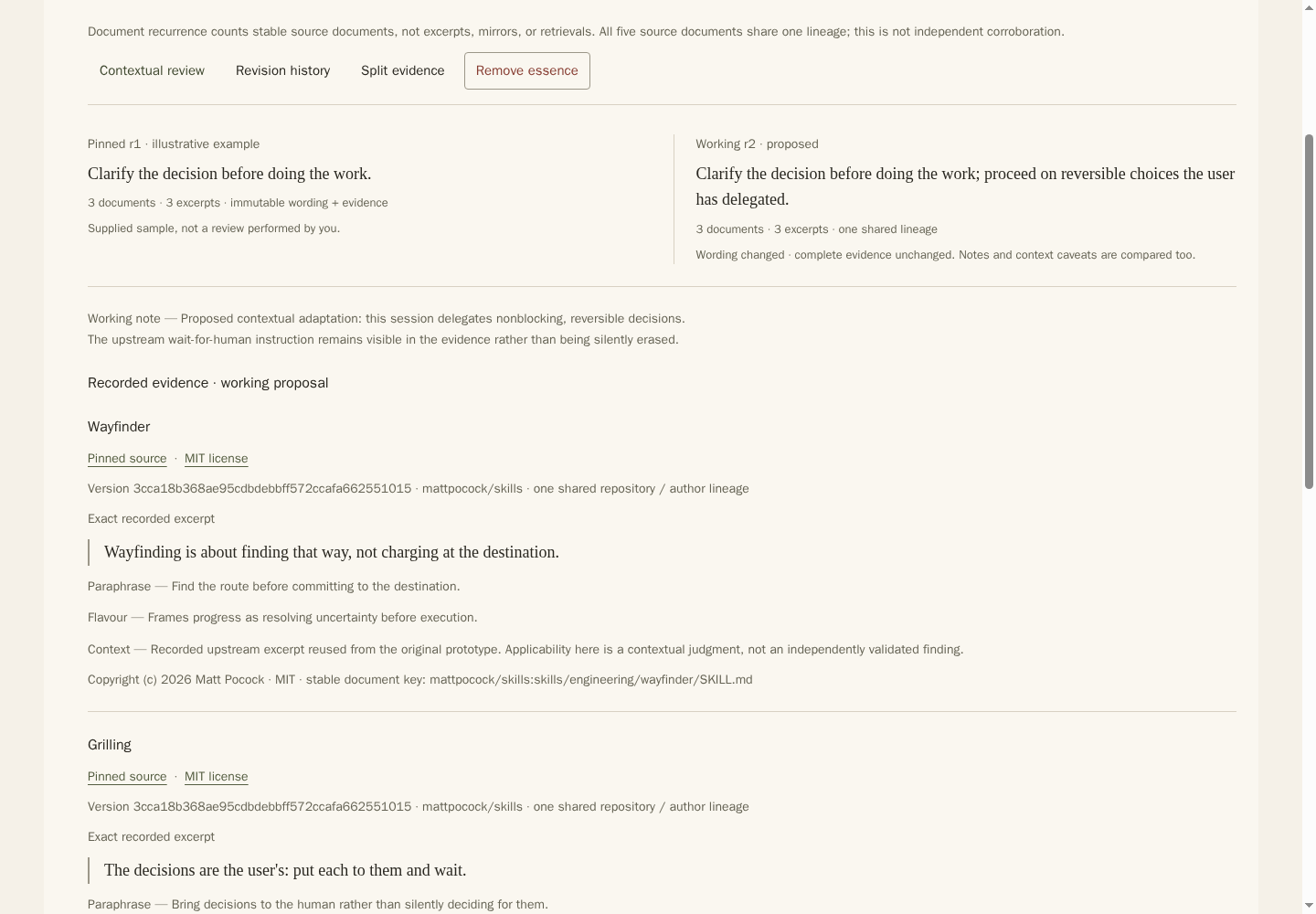 Real prototype evidence disclosure: source quotations, attribution, context, and reviewable distinctions underneath an essence.