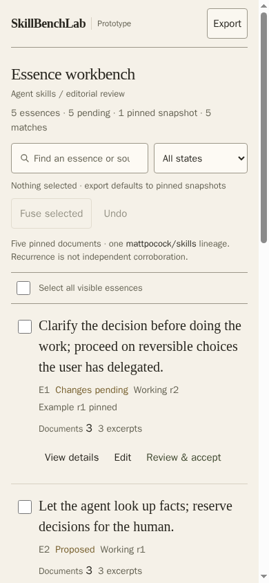 Real 390-pixel-wide prototype screenshot showing stacked essence rows without horizontal page overflow.
